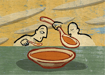 painting of people eating soup. ONe person has a very large spoon, the other has a very small spoon
