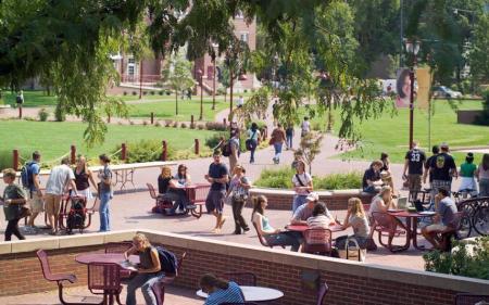 Students walking outside on DU's campus