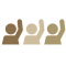 3 different colored people icons with hands raised