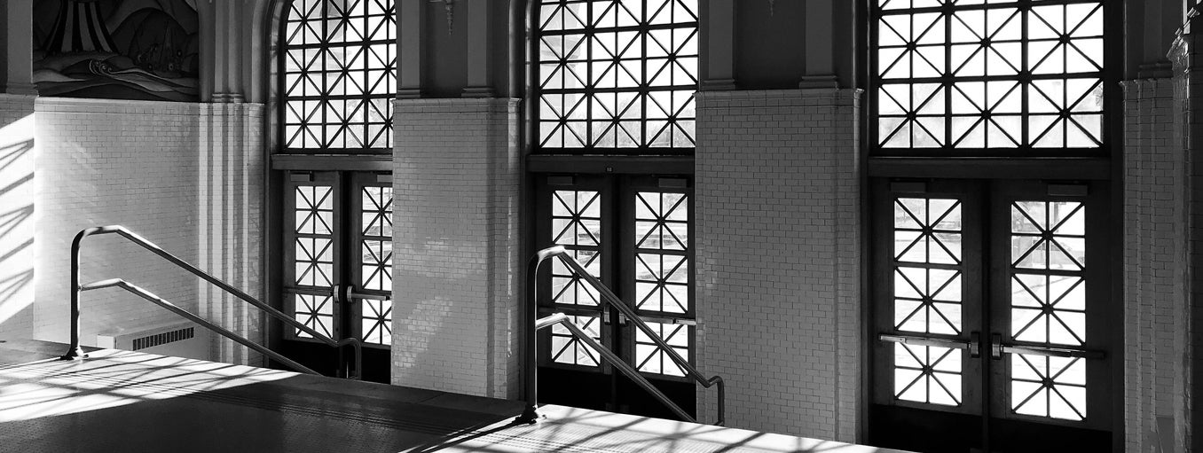 The lobby of North Highschool - steps and ornate doors